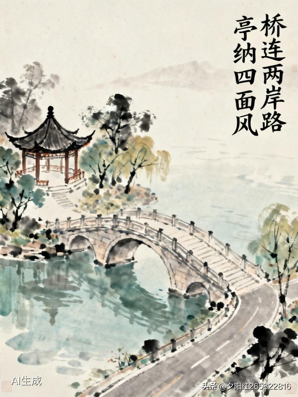 上联:桥连两岸路
下联:亭纳四面风