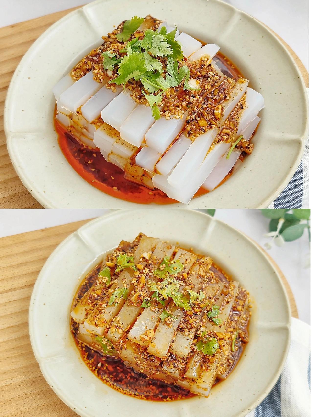 夏天绝配，自制豌豆凉粉！Q弹爽滑
清凉爽滑的凉粉和麻辣鲜香的配料搭配在一起，
和