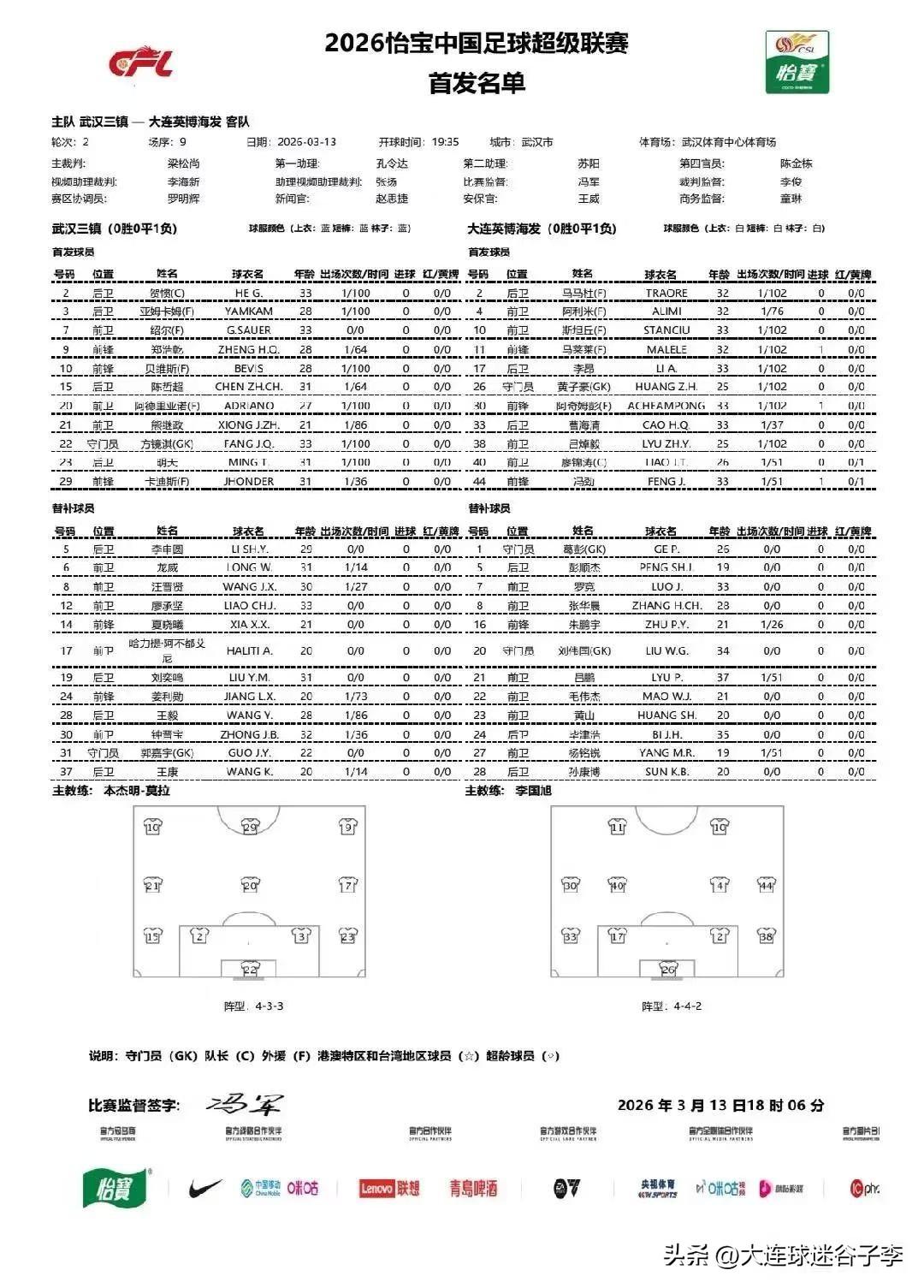 武汉三镇vs大连英博首发，三镇中场核心复出，斯坦丘面对旧主
上场比赛大连英博队左