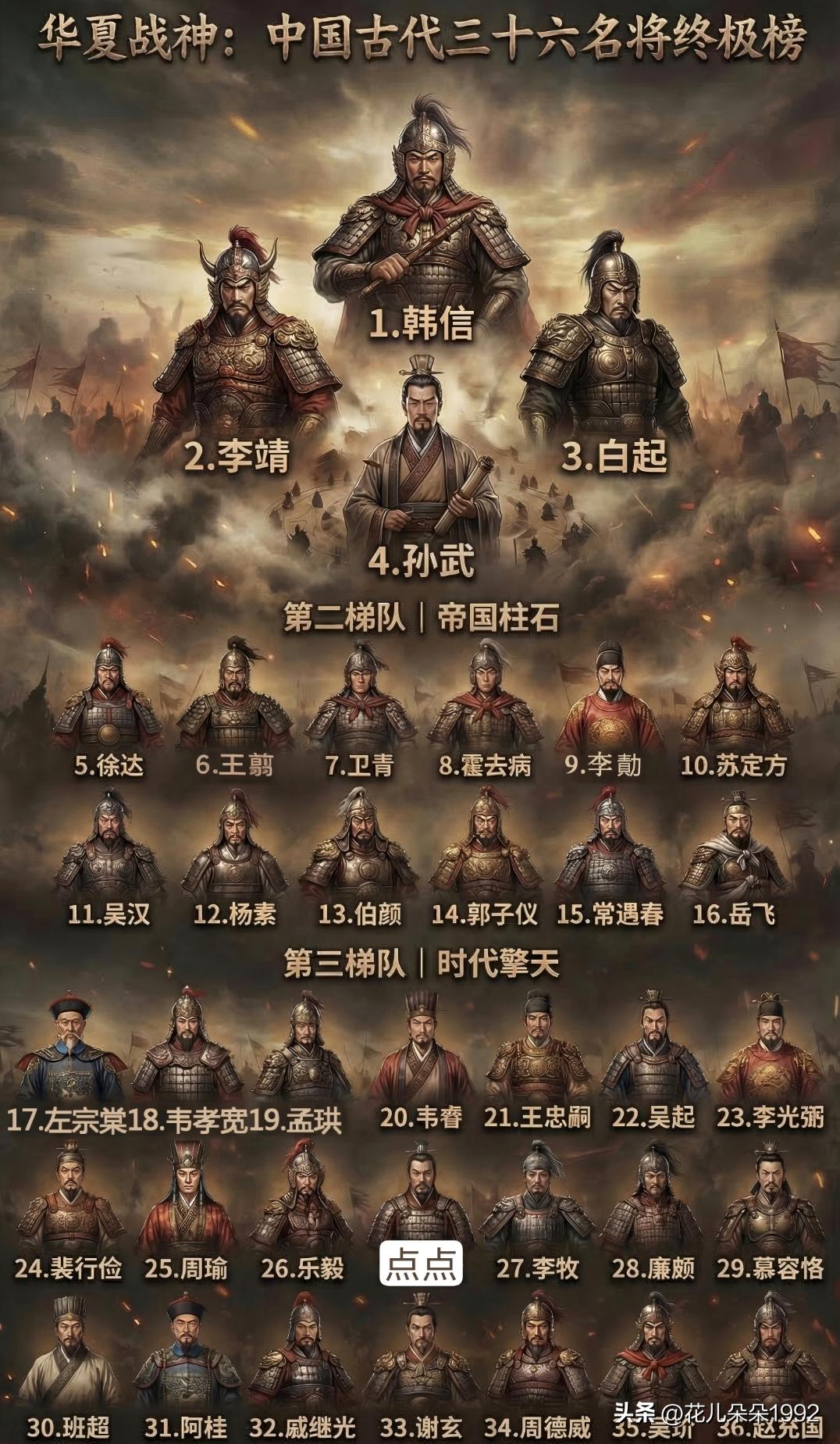 韩信第一毋庸置疑，善用水战却没有引起一场瘟疫，下令汉军不许tu城，要知道韩信没来