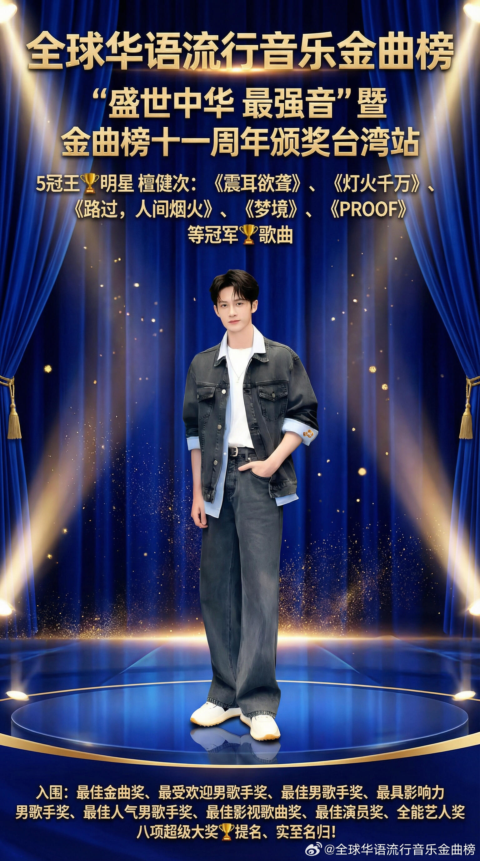 华语音乐打歌中心全球华语音乐流行榜檀健次5冠王明星歌曲：《震耳欲聋》、《灯火千万