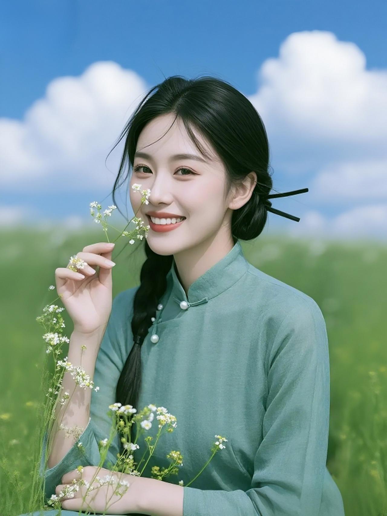 风把云揉成软团，铺在她身后的天。豆绿旗袍裹着春，珍珠扣顺着领口亮，发辫垂在肩，黑