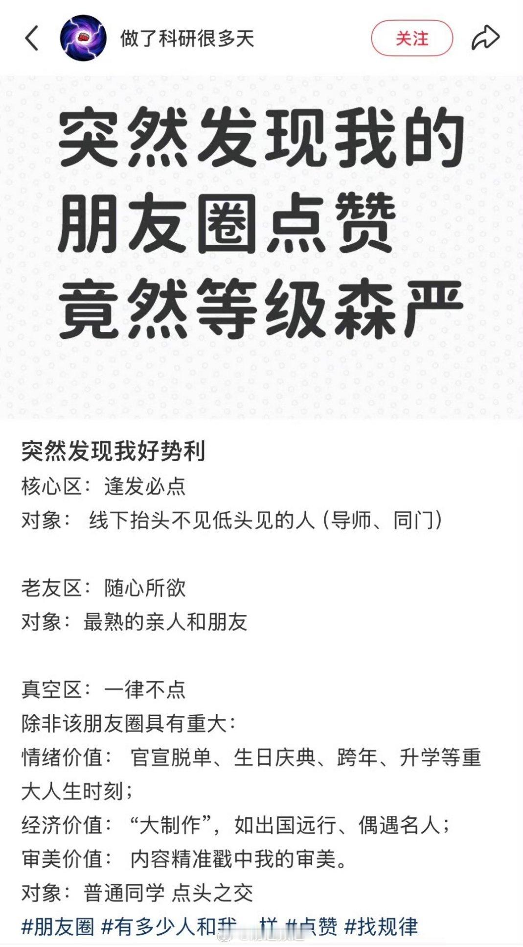 我的朋友圈点赞等级森严 那我对谁好像都挺随心所欲来着，朋友圈就是分享生活的平台，