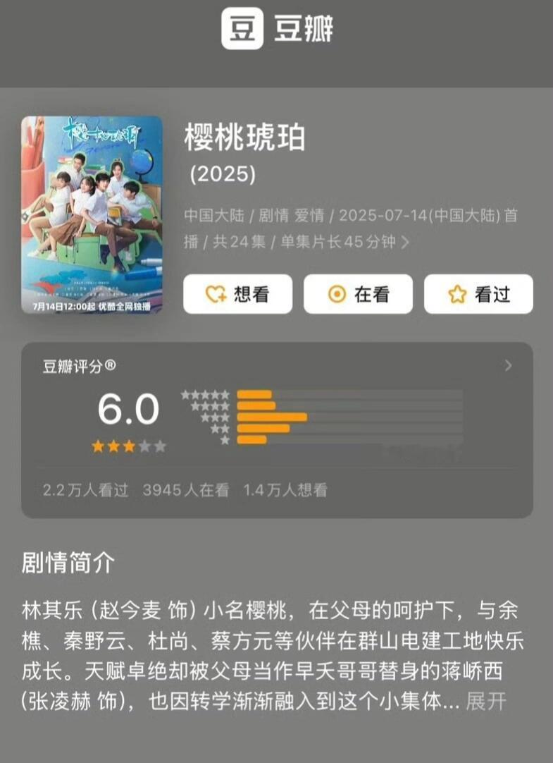 赵今麦张凌赫《樱桃琥珀》开分6.0是高还是低？ ​​​