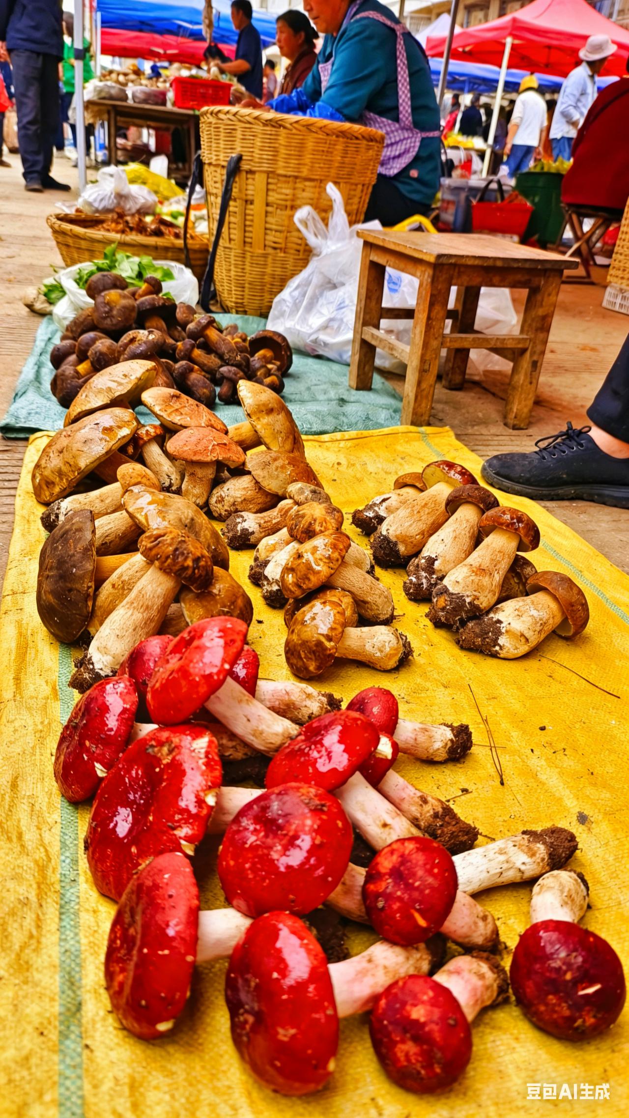 今天在铁厂乡的集市上，看到了刚摘的野生菌，新鲜又诱人，忍不住拍了下来。