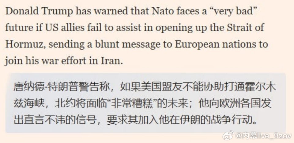 金融时报：特朗普发出警告称，如果美国的盟友未能协助打通霍尔木兹海峡，北约将面临“
