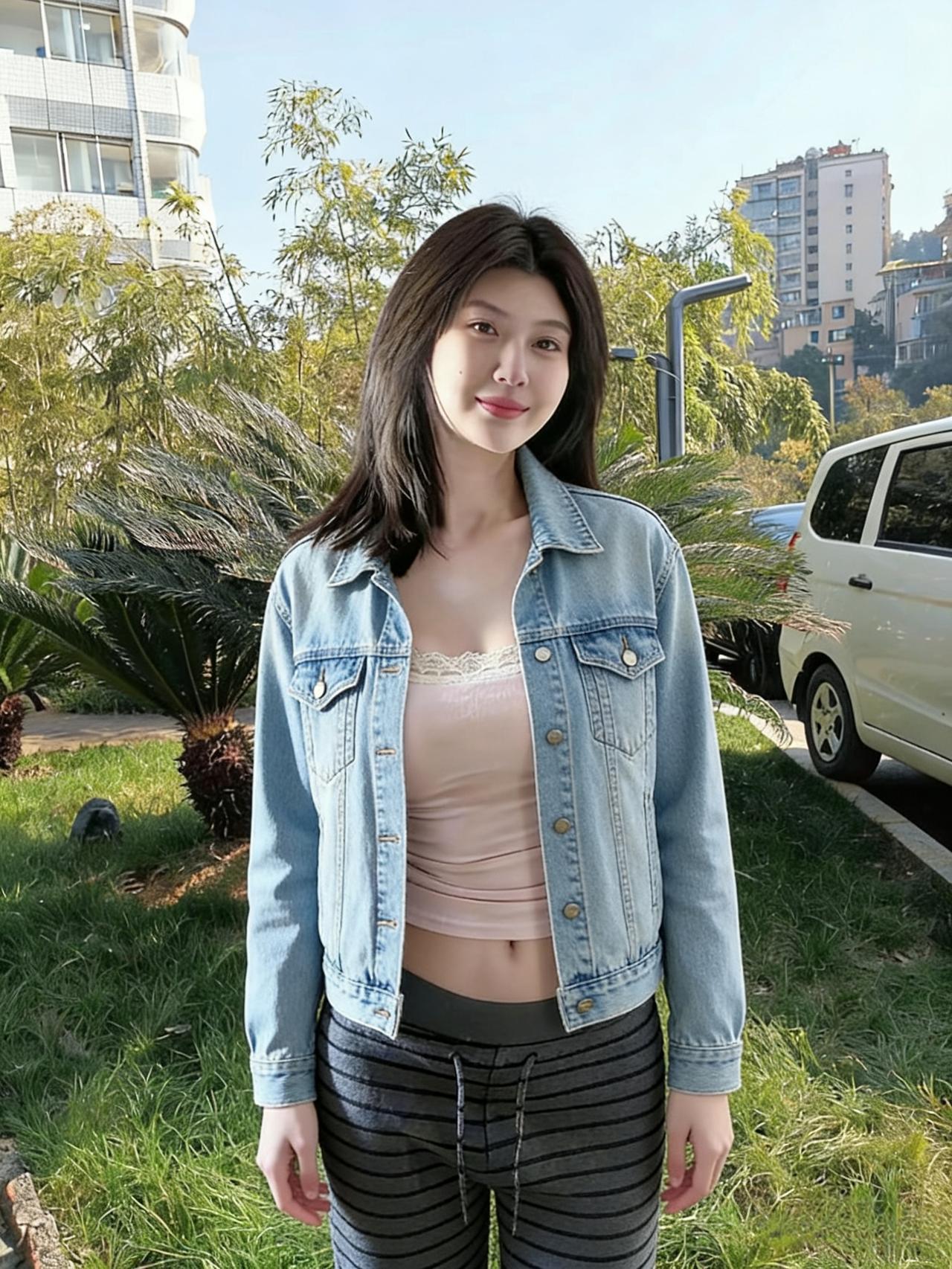 牛仔衣轻倚竹丛，粉衫偷露半分红。
笑看落叶随人舞，疑是春归入画中。