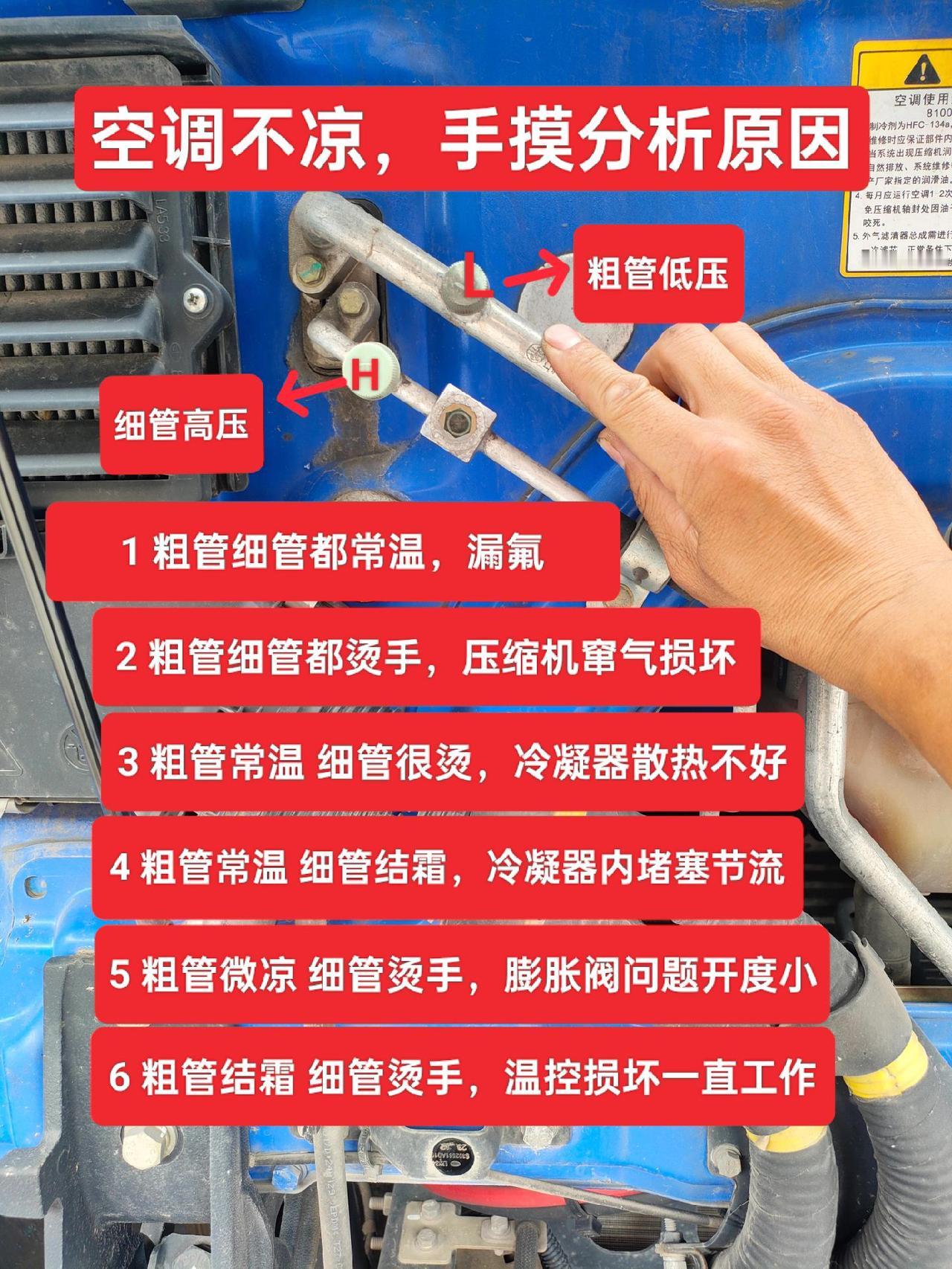 空调不凉，通过手摸高低压管，来大概判断故障，保存就对了！修理工的日常