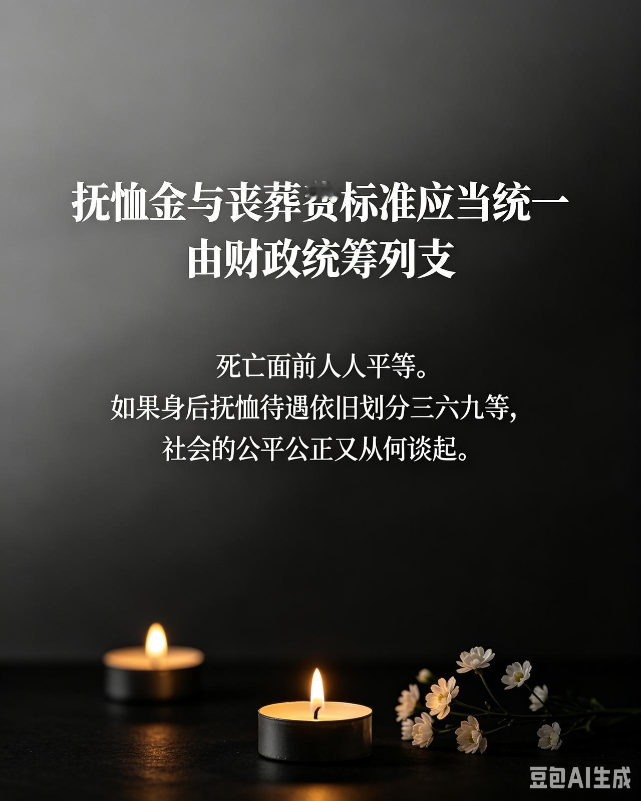 抚恤金与丧葬费的标准应当统一，由财政统筹列支。死亡面前人人平等，如果身后抚恤待遇