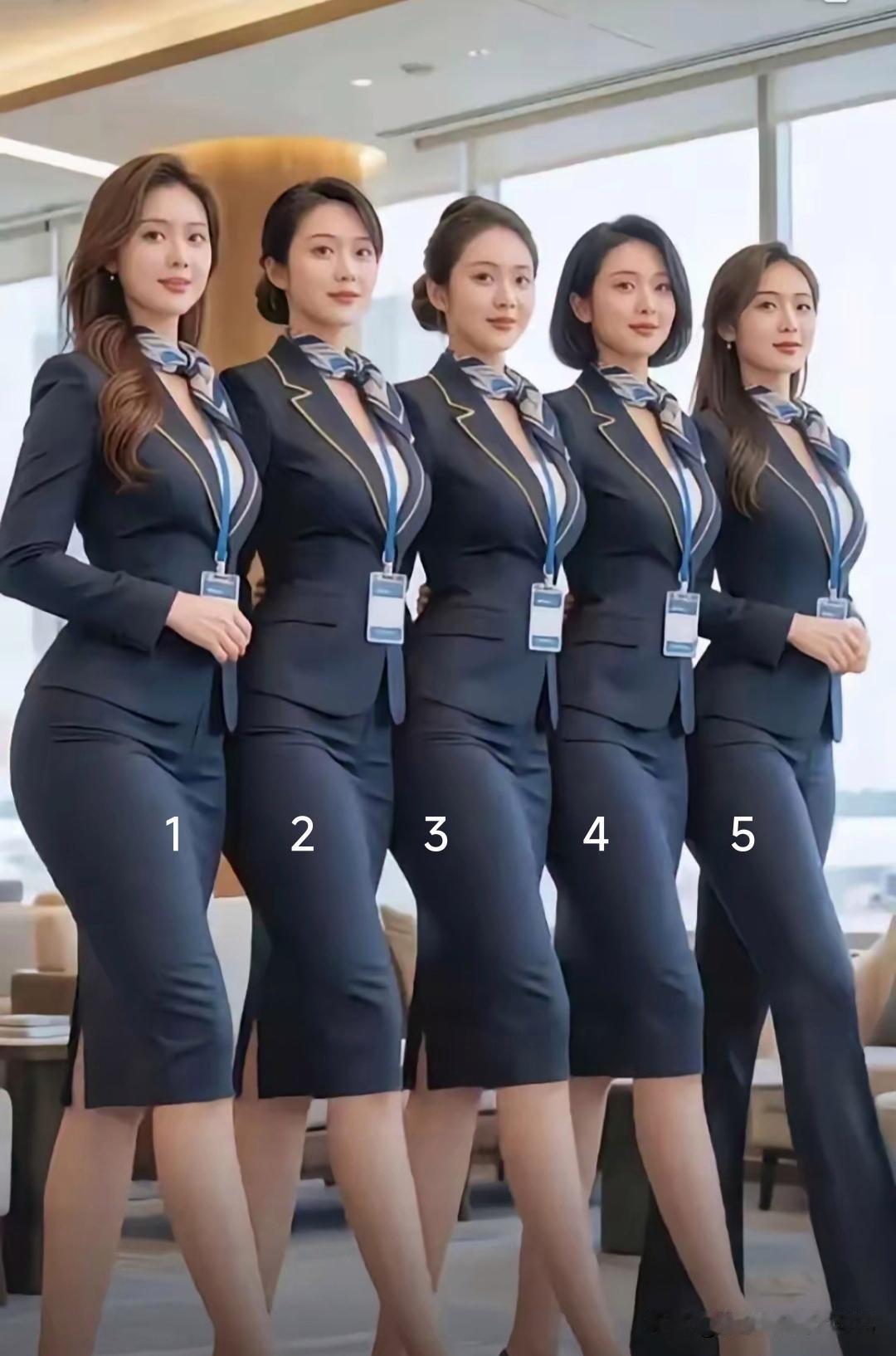 看看这一组空乘五人小组，一身深色制服上身，整个人精气神直接拉满。

一个个身姿窈