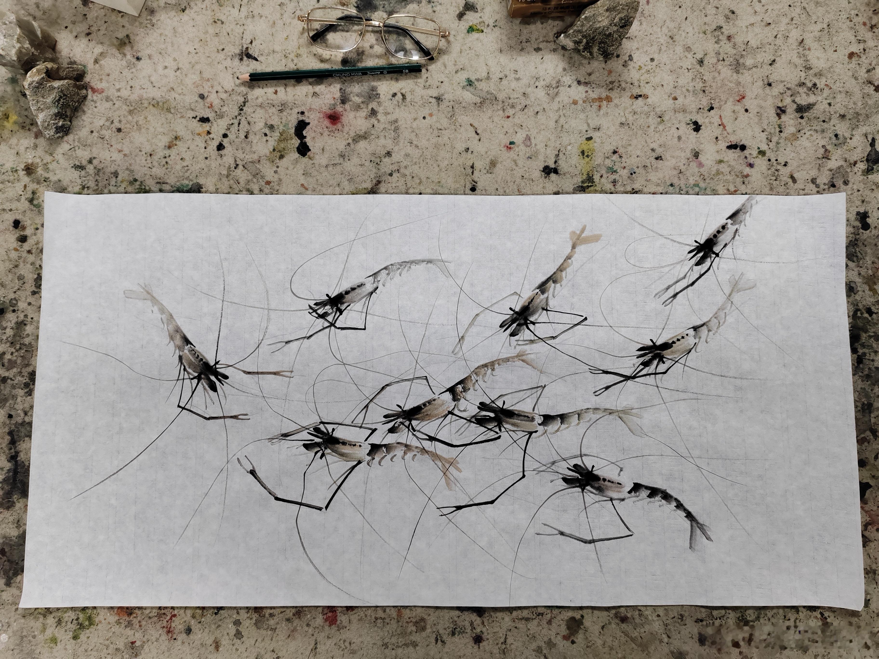 作品画了一周，今天下午才初步完成，作品尺寸：69厘米X35厘米，《团聚》 