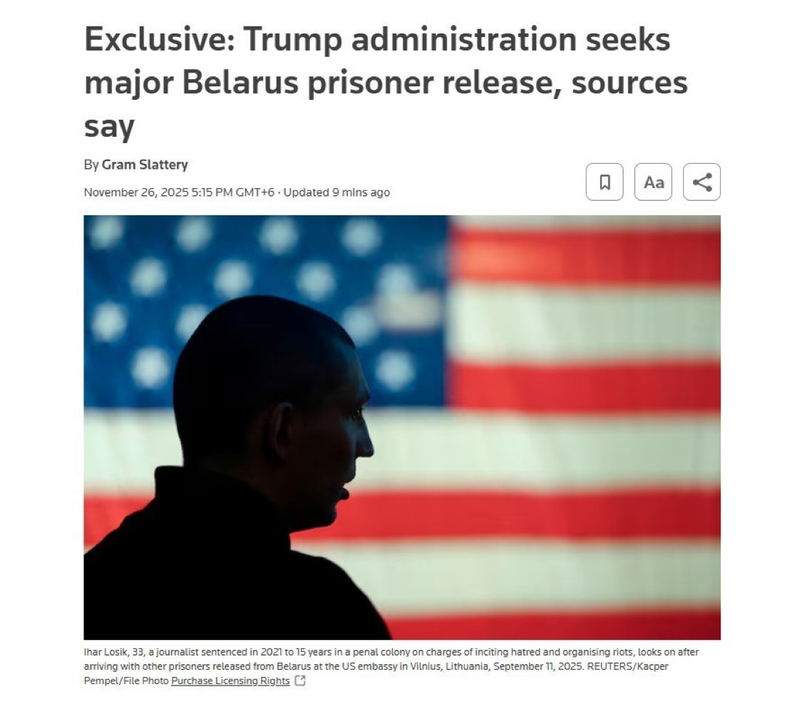 路透社报道，美国正与卢卡申科政权就释放至少100名政治犯进行谈判。目前尚不清楚哪