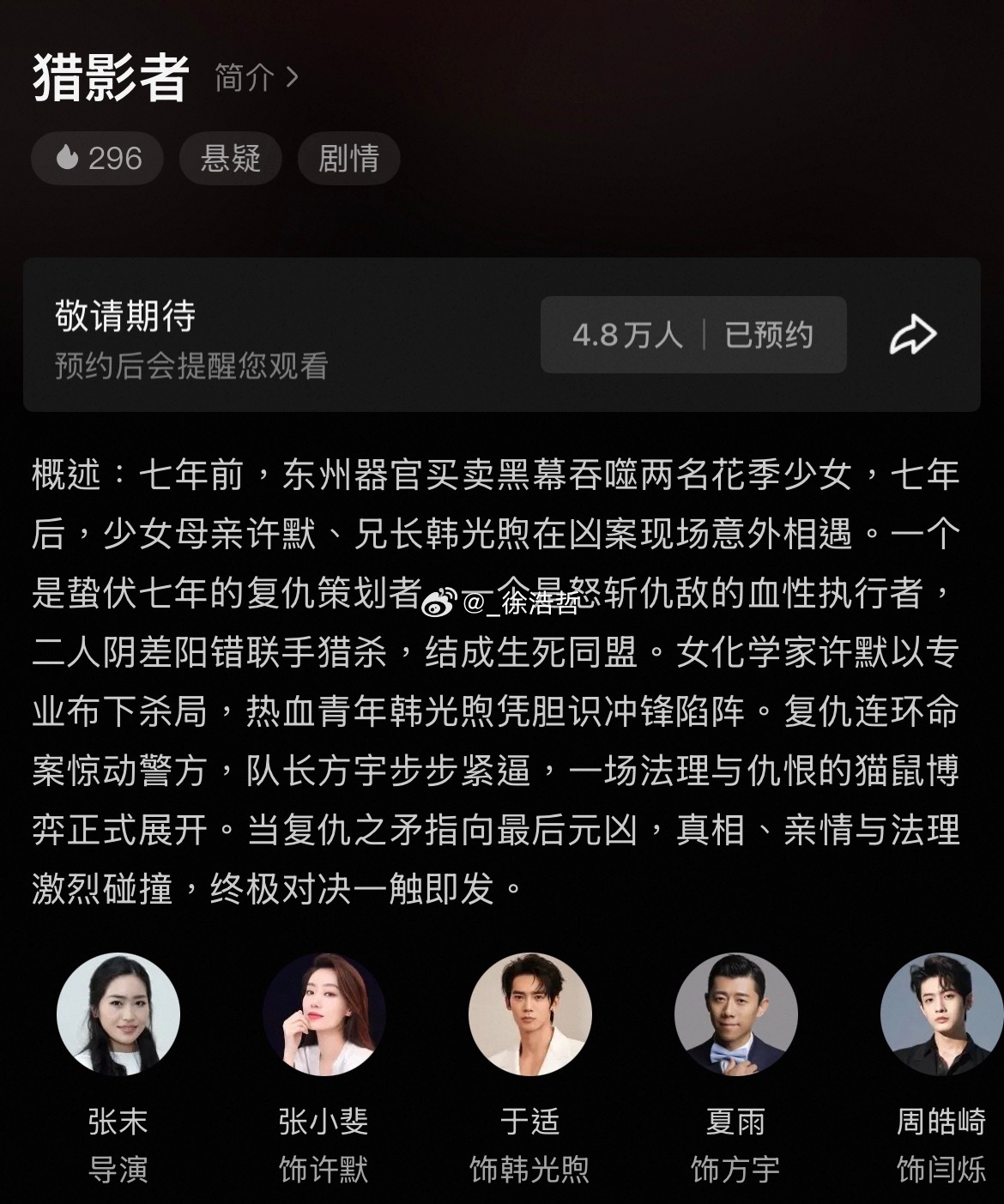 张末导演，张小斐、于适领衔主演的电视剧《猎影者》概述及演员角色名已更新猎影者电视