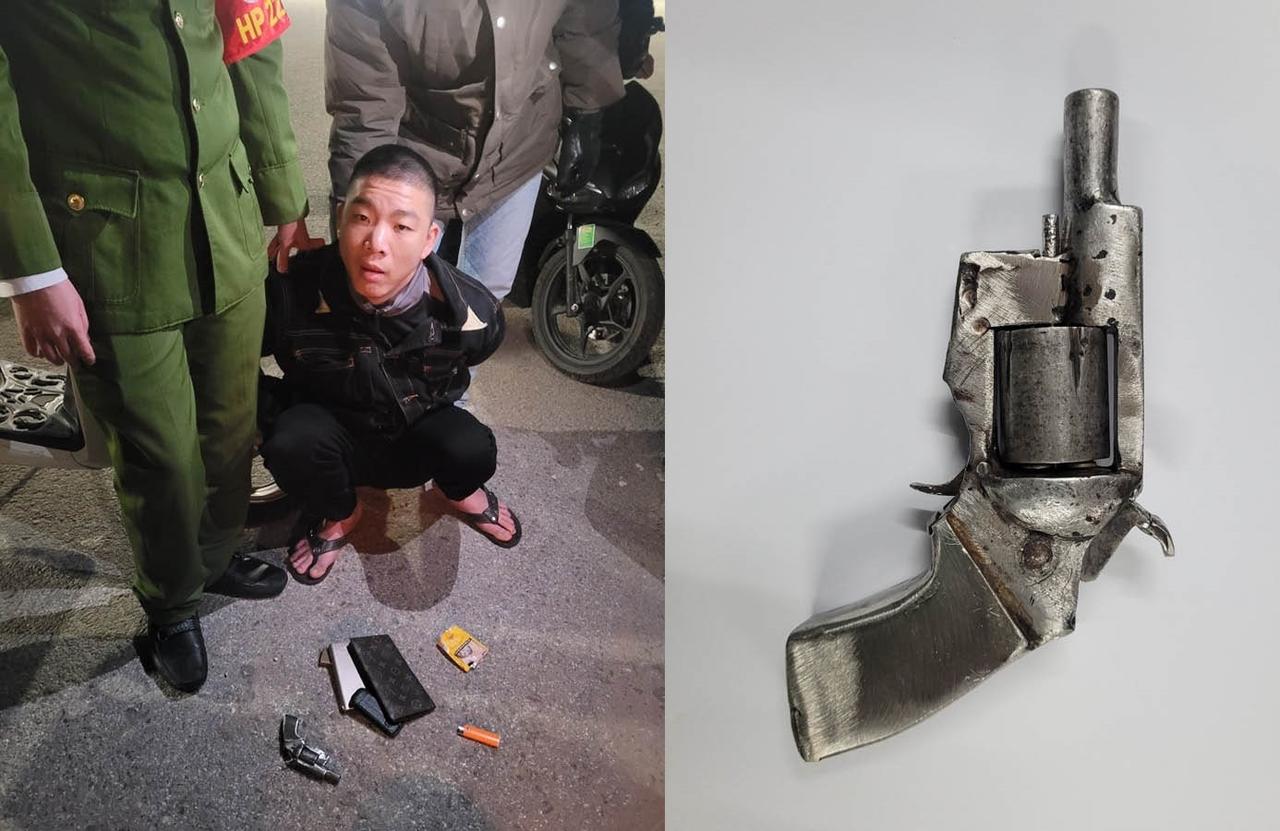 越南海防警方抓获的男子，随身携带左轮手枪。枪里四发子弹。
图片来源越南清化海防网