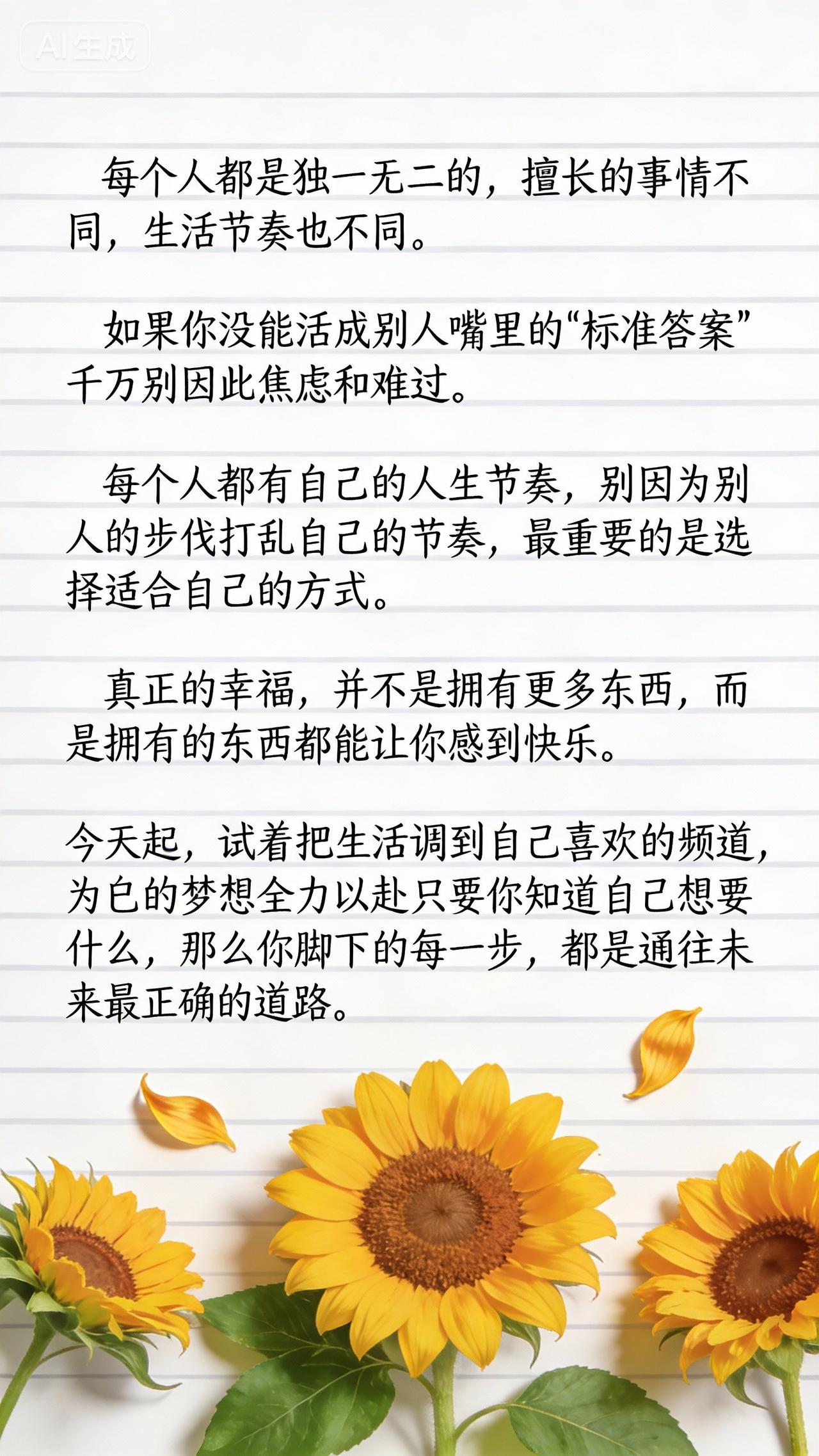 活如花开，各有各的态
不追别人标，自在最痛快
节奏自己定，快乐才会来
心向阳光走