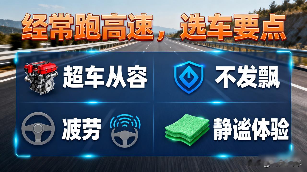 经常跑高速，选车要点

第一，动力要足，超车从容。
第二，底盘要稳，不发飘。
第