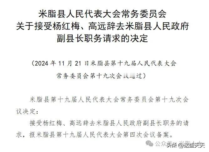 米脂县人民代表大会常务委员会关于接受杨红梅、高远辞去米脂县人民政府副县长职务请求