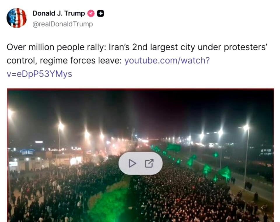 最新消息：特朗普分享了一段YouTube视频，声称超过一百万伊朗民众在伊朗第二大