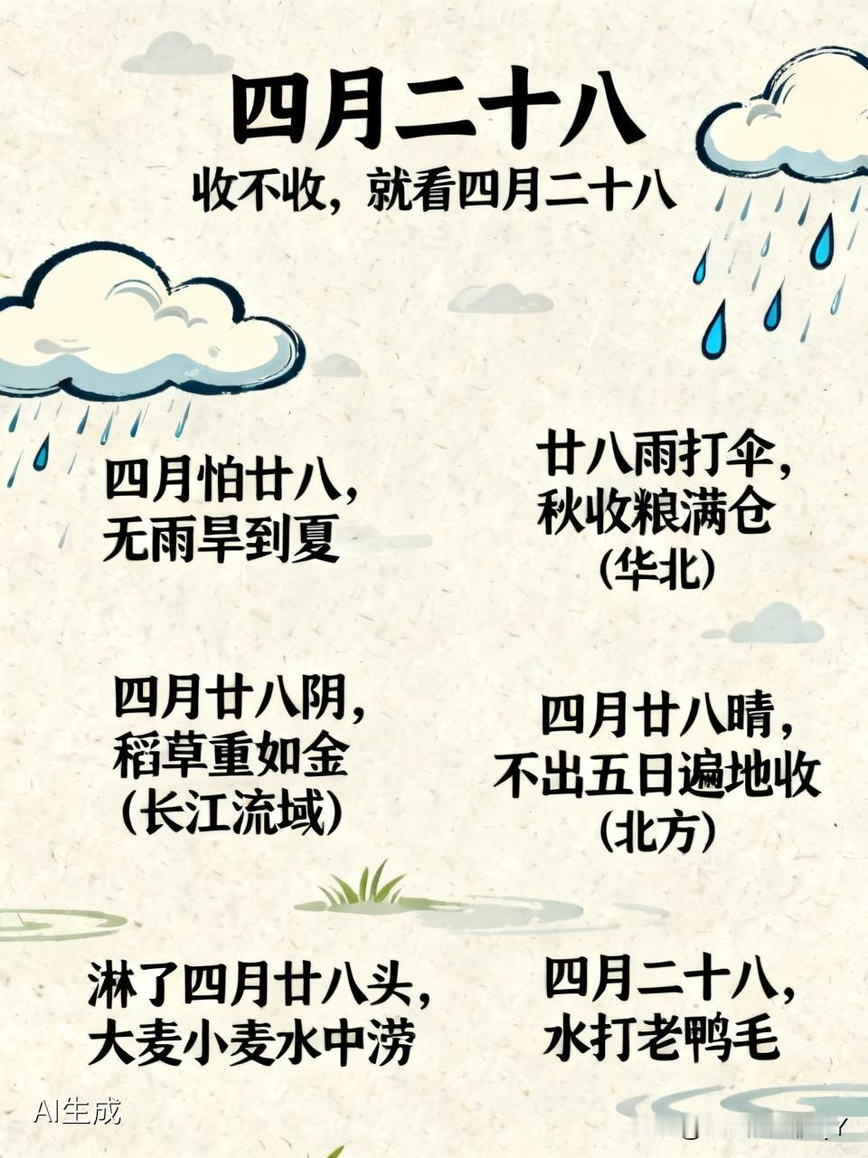 今天是四月二十八民间俗语有
收与不收，且看四月二十八：此日天气可定夏收年景。
四