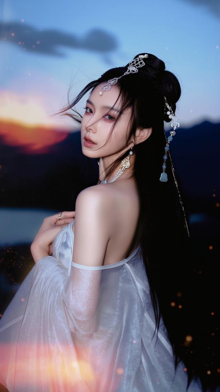 梦幻古风少女，轻盈纱裙，山间仙境，唯美如画