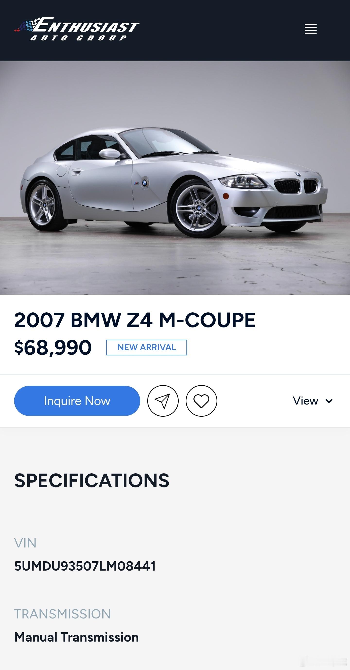 美国著名二手车商 EAG 又上架了一台极品宝马：Z4 M Coupe。2007 