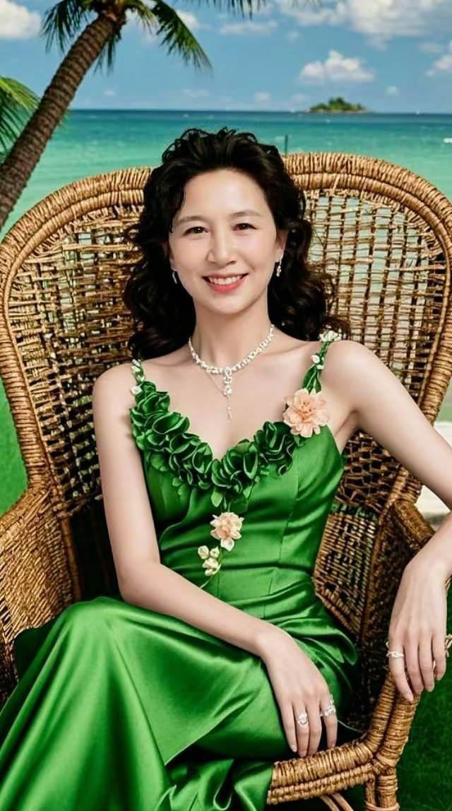 绿色长裙如夏日微风拂过，珍珠项链点缀出优雅的光泽。阳光洒在她的笑容上，仿佛时间在
