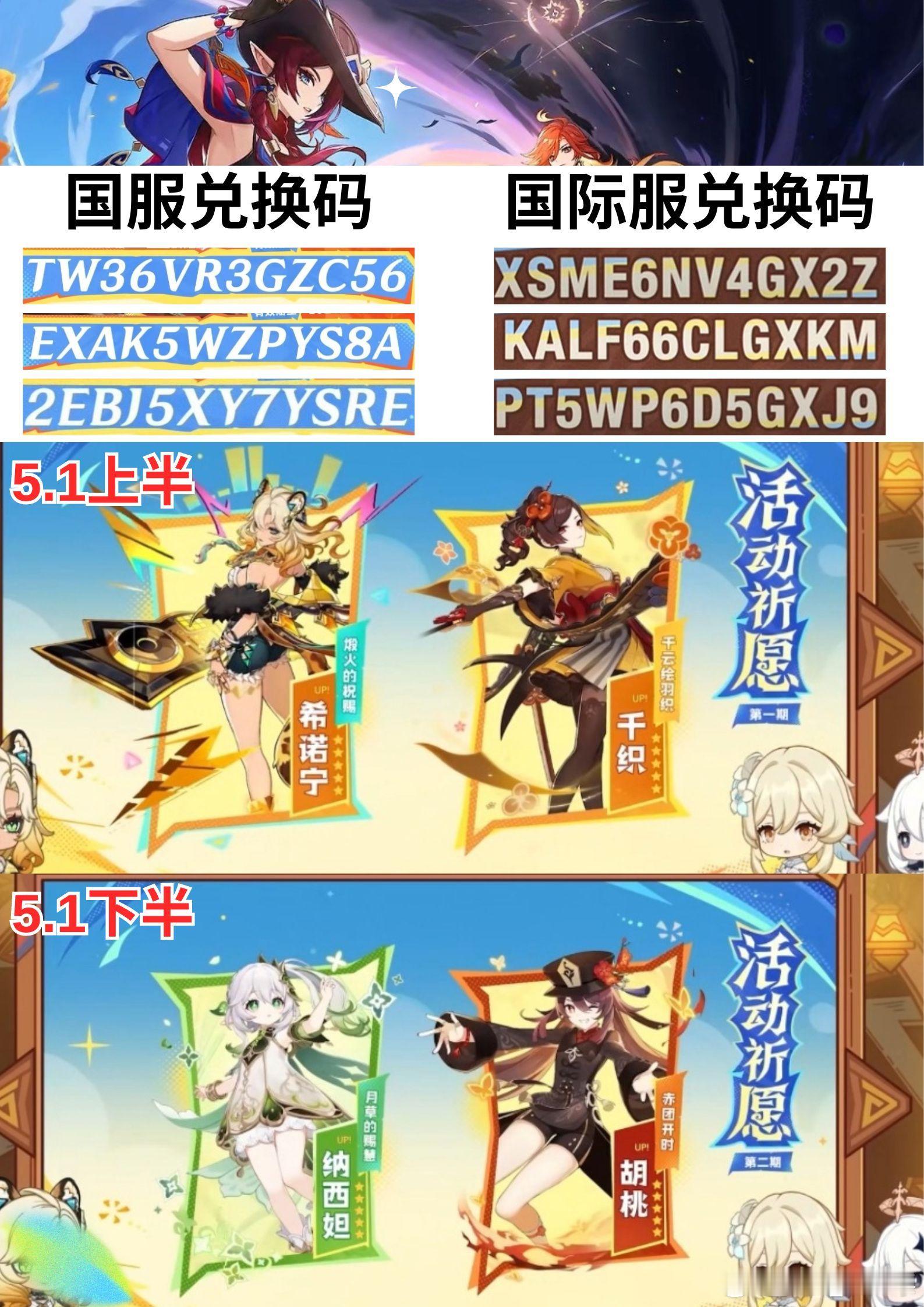 #原神[超话]# 5.1前瞻300原石兑换码给大家整理好咯！国服/国际服都有哦！