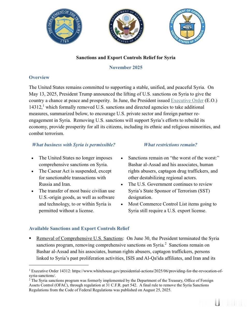 美国财政部：
美国已不再对叙利亚实施全面制裁。
《凯撒法案》已被暂停实施，美国民