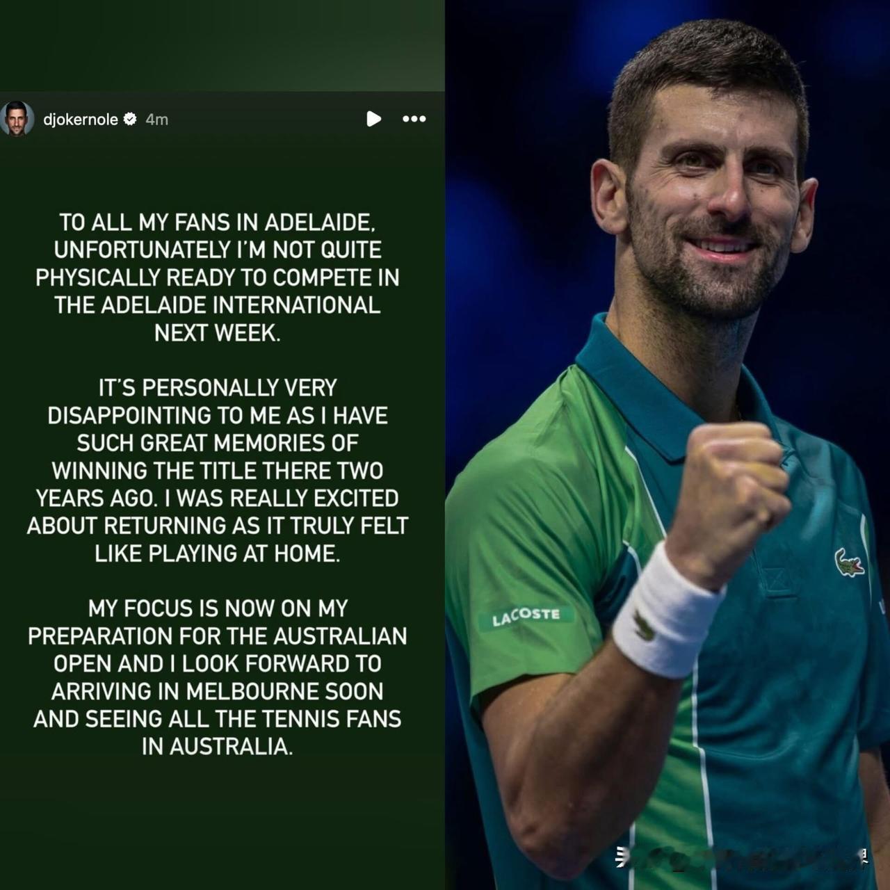 突发：德约科维奇退出阿德莱德公开赛，转战墨尔本

德约科维奇在社交媒体上正式宣布