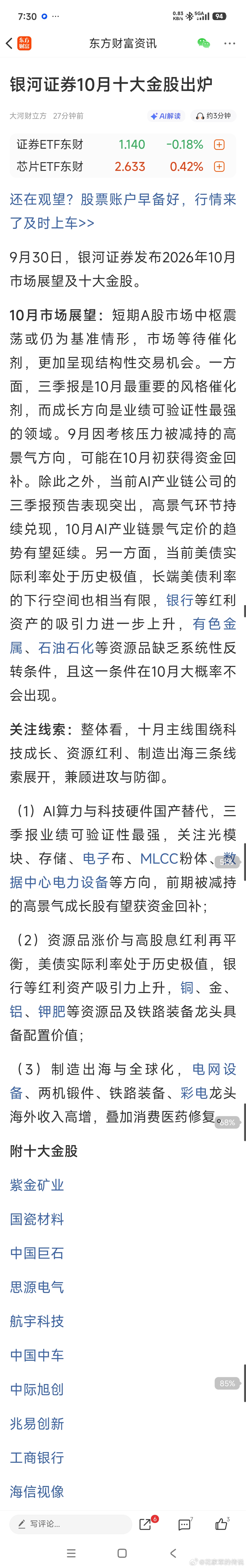 银河证券10月十大金股，备忘[笑而不语]ARM涨超5%[666] ​​​