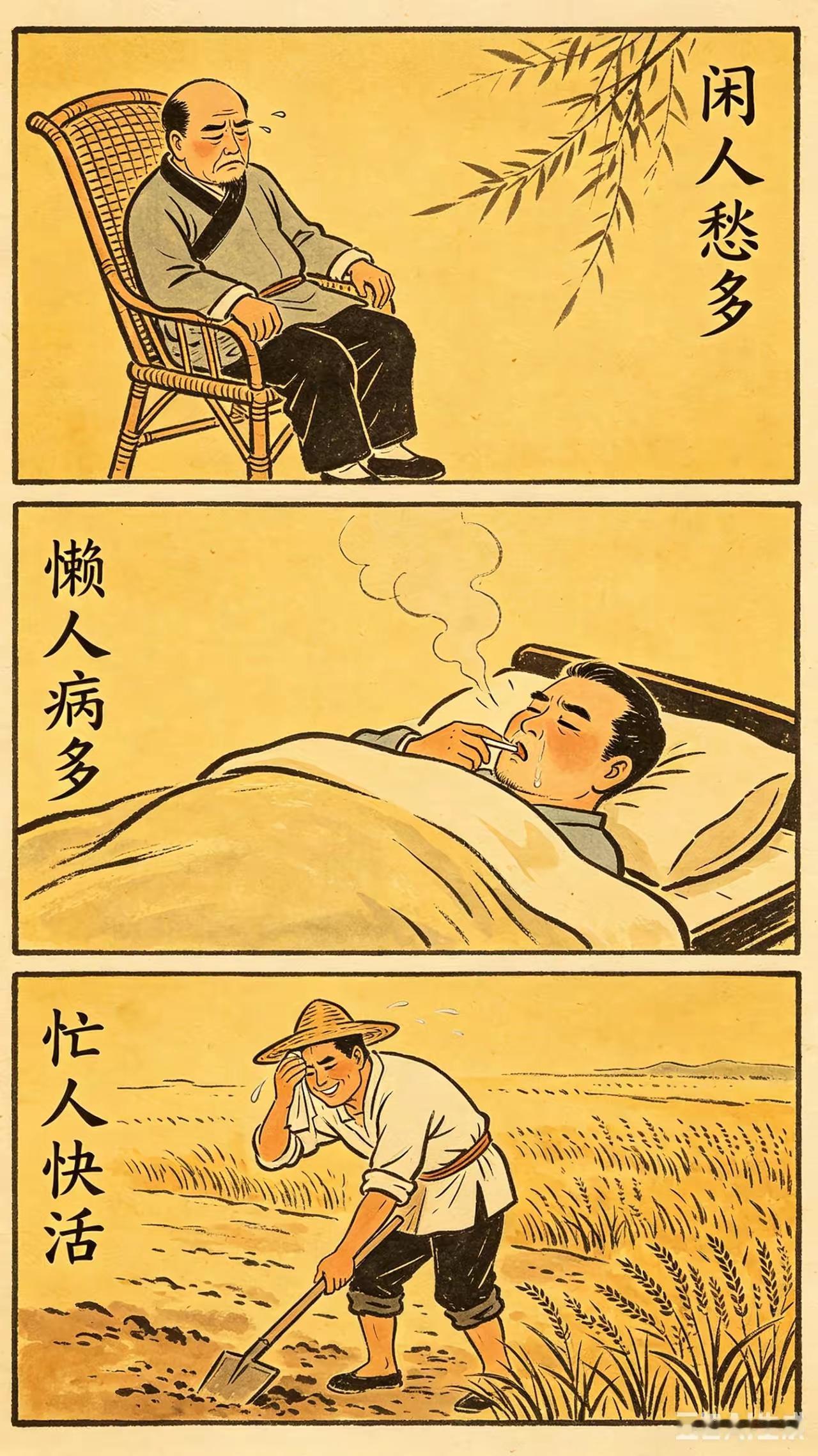 大实话 
闲人愁多，
懒人病多，
忙人快乐。
