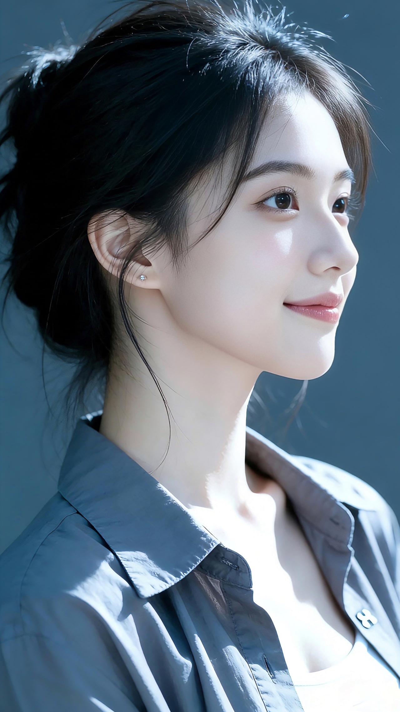 九帧同绘侧颜温婉仙！乌发束挽散碎发，灰衬衫敞领衬雪肌。眉眼低垂含笑，唇角浅扬似春