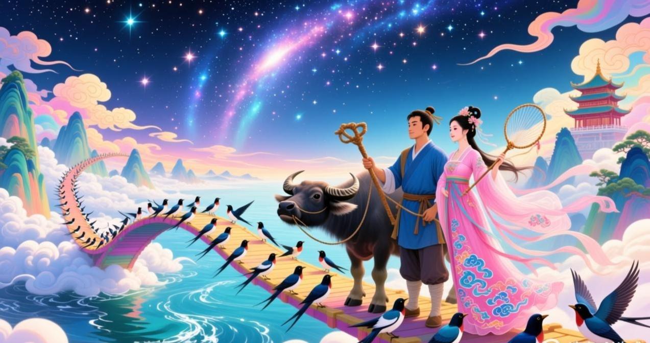 穿越时空的浪漫之旅，牛郎织女相会于梦幻仙境。