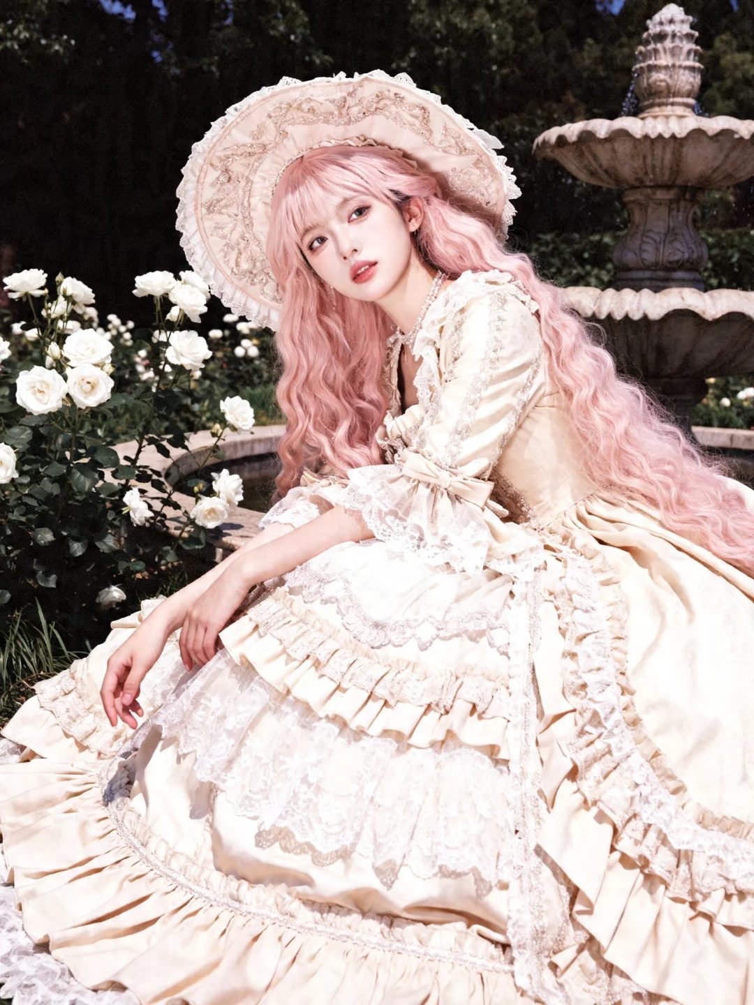 东亚美少女，浅粉色极长卷发，美艳动人，身着浅杏色大裙摆多层蕾丝，洛可可...