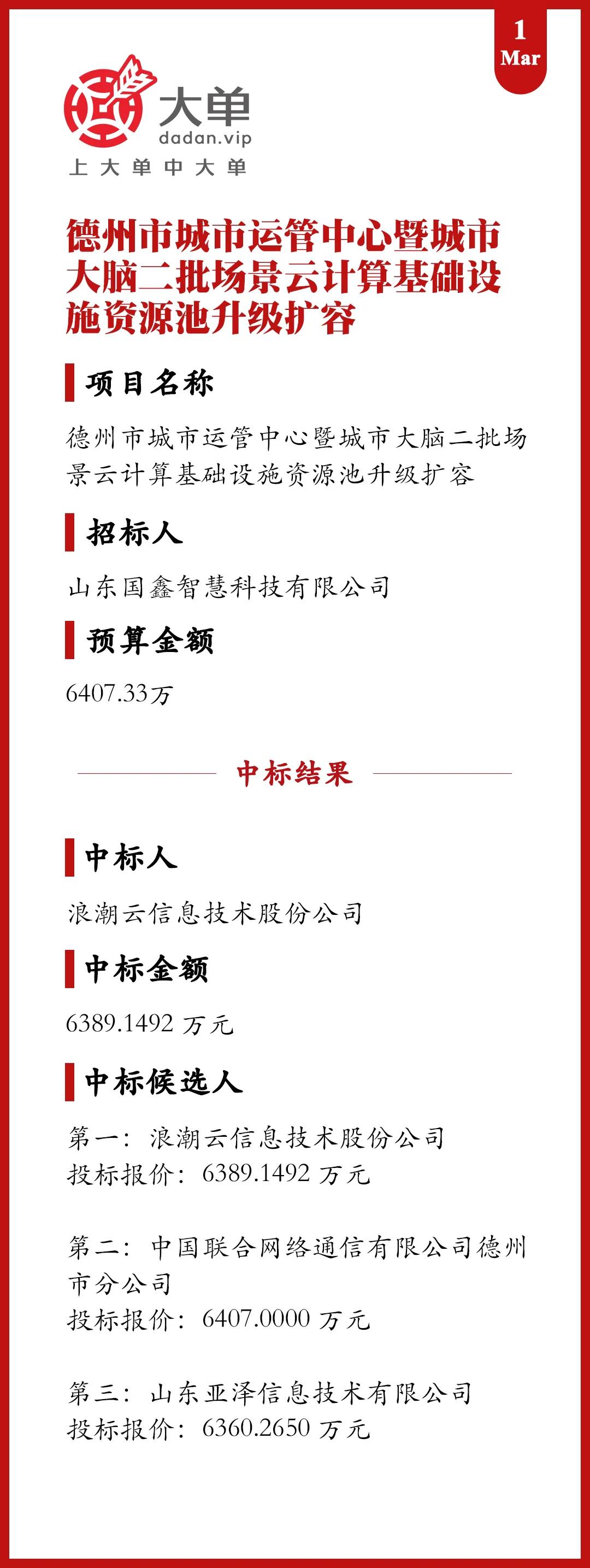 6389万大单：浪潮云（中）

中国联通、亚泽信息（落）