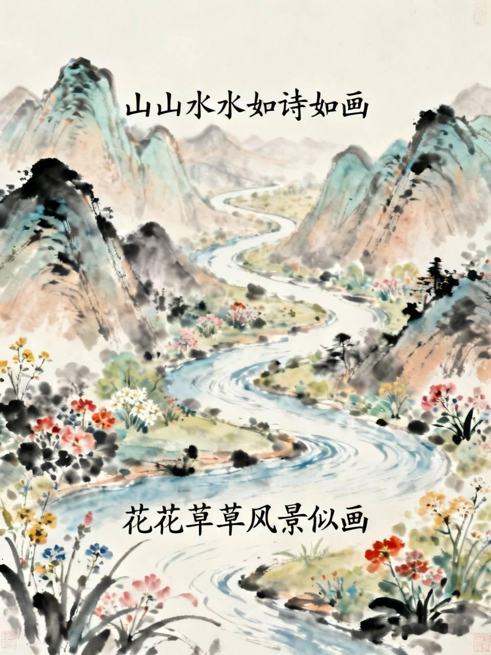 下联：花花草草风景似画。