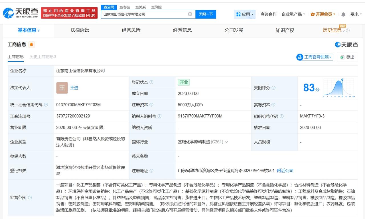 恒通股份在山东成立恒信化学公司 注册资本5000万

天眼查App显示，近日，山