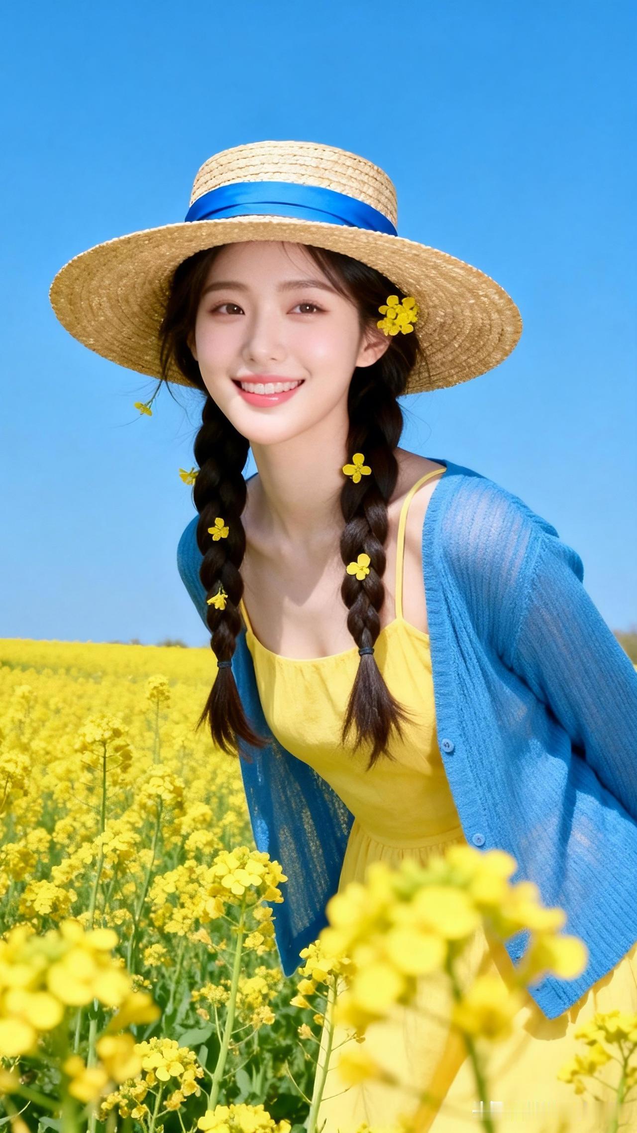 阳光明媚的田野里，甜美女孩与黄色花朵的浪漫邂逅。🌻💛🌸