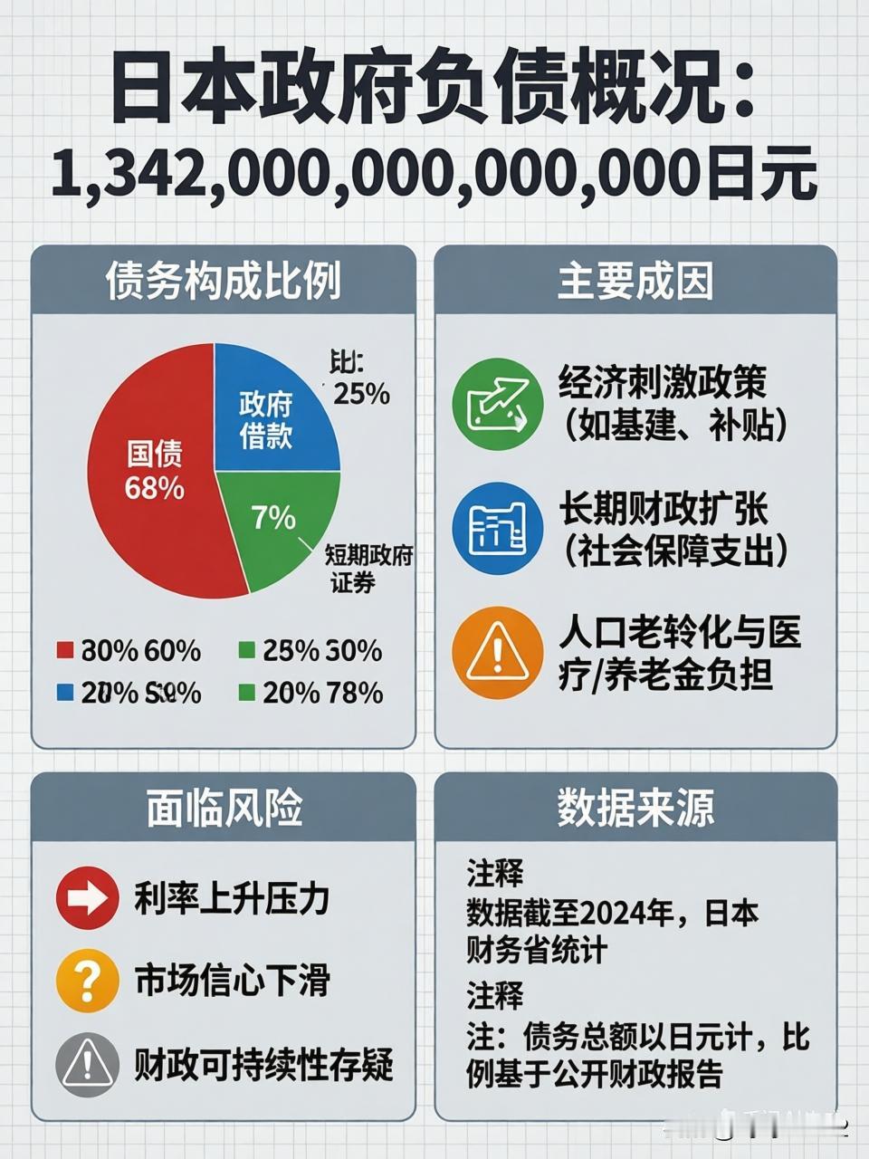 日本债务新高：据日媒报道，日本政府负债已达1342万亿日元，刷新历史最高纪录 。