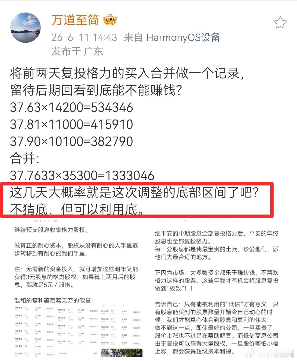 再将本次格力派息前腾挪、预支股息买入的格力股权进行合并：37.63×14200=