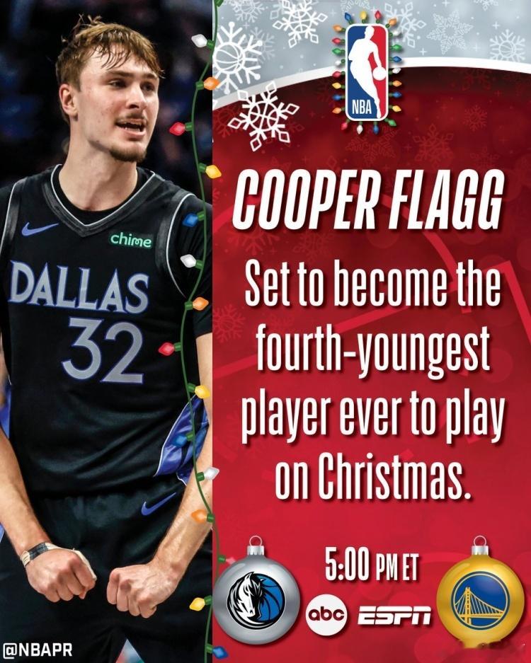 MFFL 弗拉格将成为NBA历史上第四年轻在圣诞大战上出场的球员。独行侠vs鹈鹕
