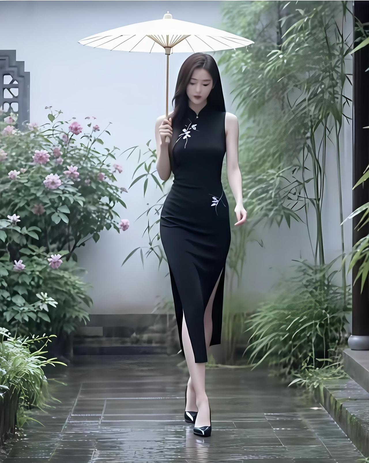 有哪些美女让人过目难忘？雨中园林、白伞黑色旗袍、江南女子，行走的韵律！