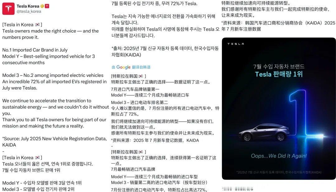 据韩国乘用车进口经销商协会（KAIDA）统计，7月特斯拉韩国销量创9年来新高，中