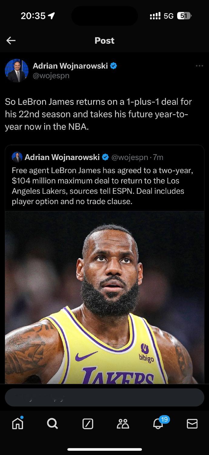 老詹合同细节：1+1，最后一年是球员选项，还有交易否决权#詹姆斯续约湖人# ​ 