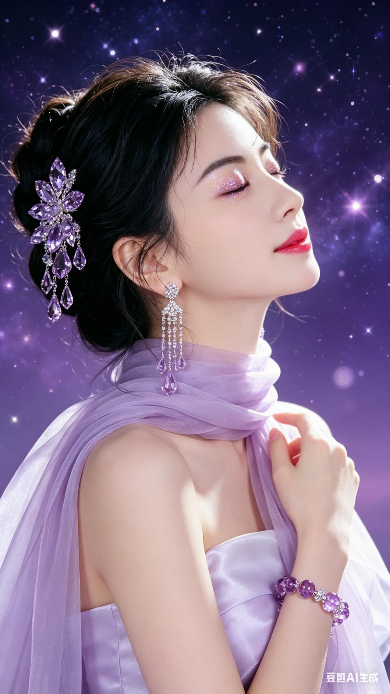 少女闭目仰头，紫闪眼妆搭配蜜桃镜面唇，淡紫缎面抹胸礼服配薄纱，全套紫水晶银钻首饰