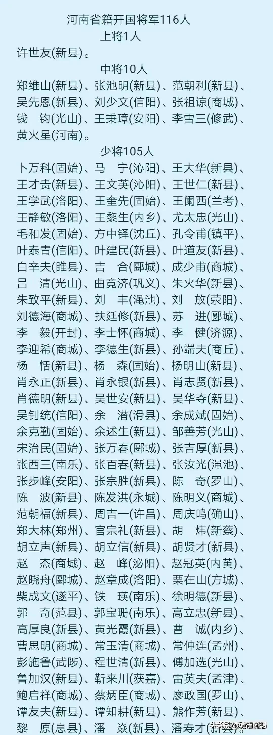有人问：河南的哪个县是将军县？

如图所示，河南新县出了几十位开国将军。

因为