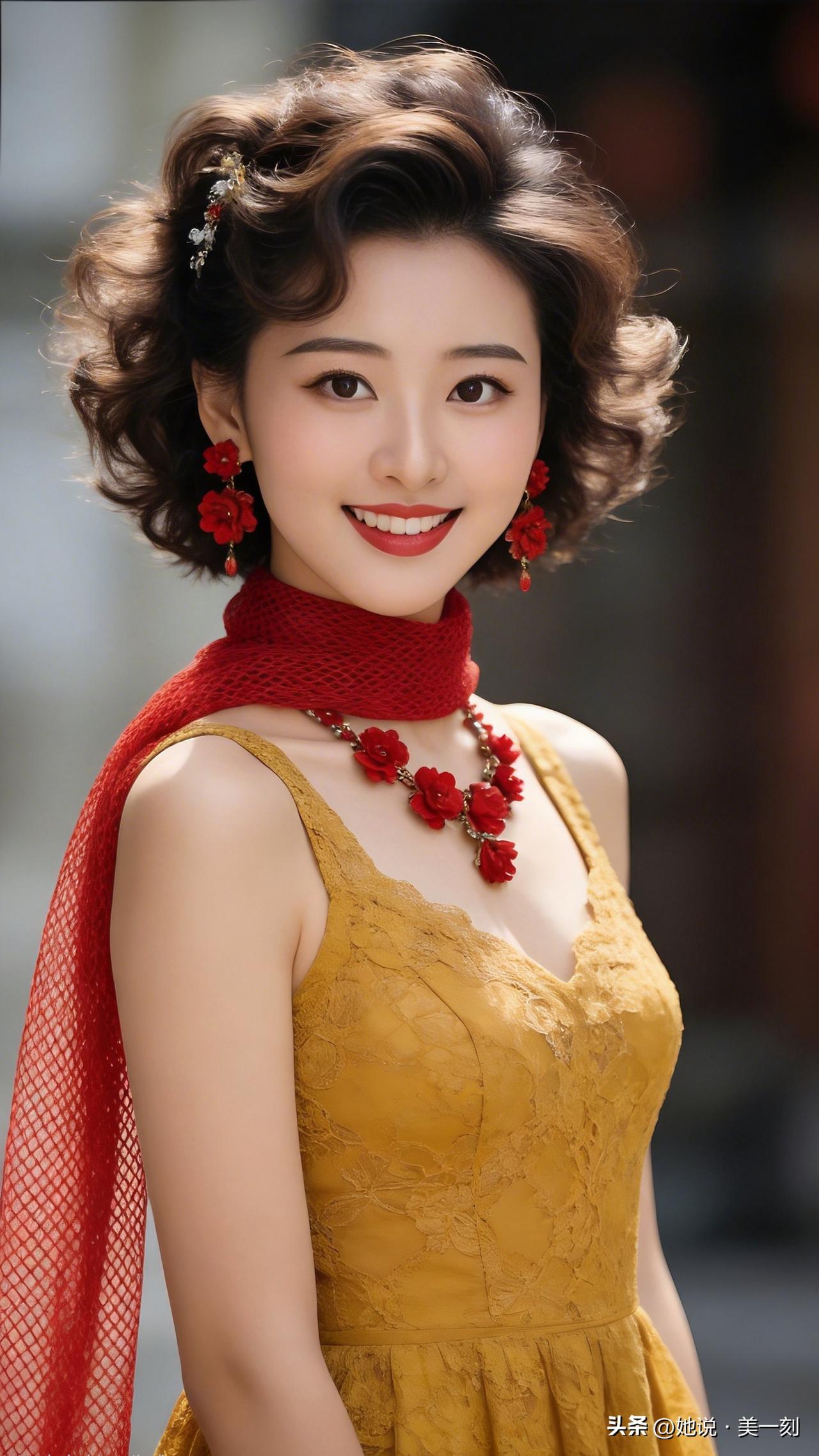 复古优雅，红黄相映，甜美笑容，惊艳时光。晒出美丽身影