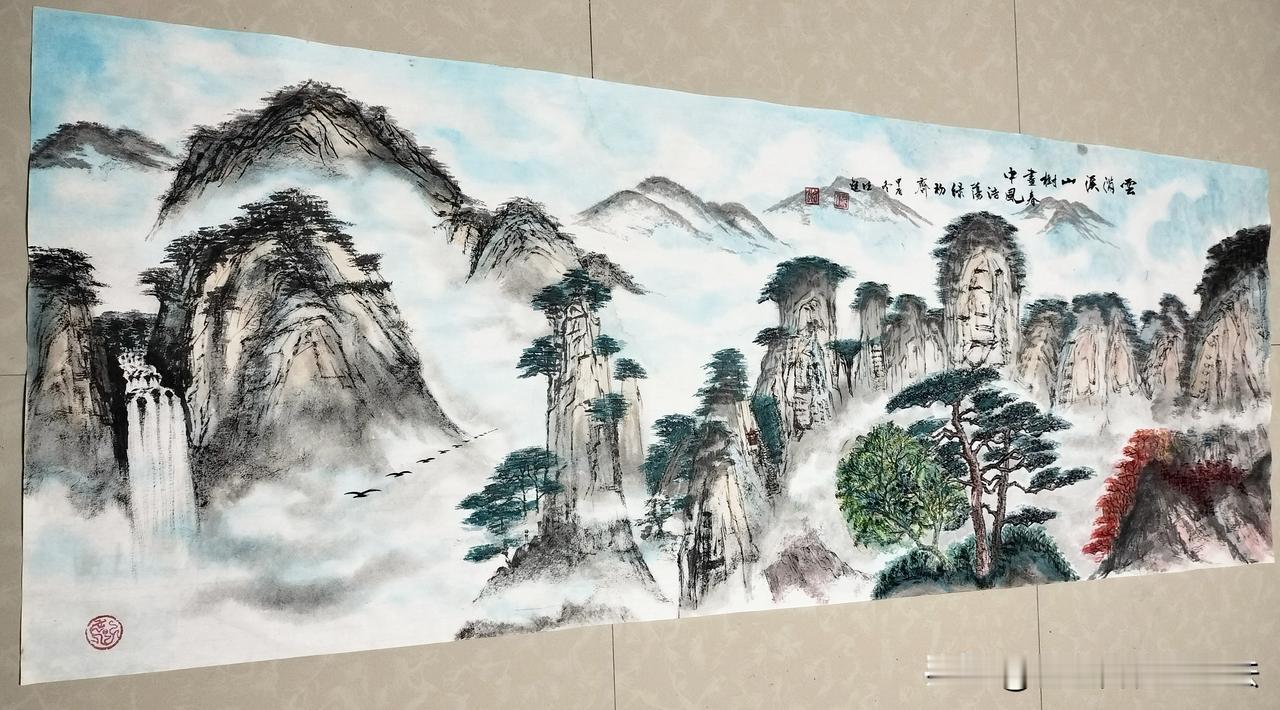 这幅山水画《云满溪山树画中，春风浩荡绿初齐》充满了自然之美与生机活力。它可以挂在