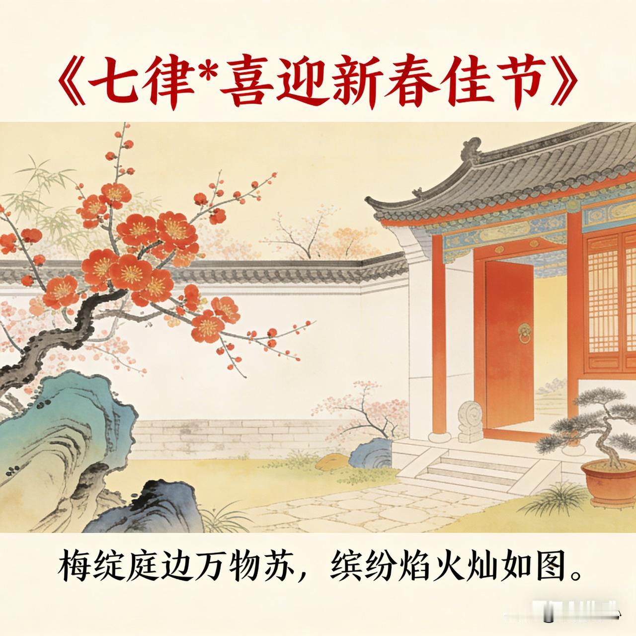 《七律*喜迎新春佳节》乐韵诗心原创诗词:
梅绽庭边万物苏，
缤纷焰火灿如图。
堂