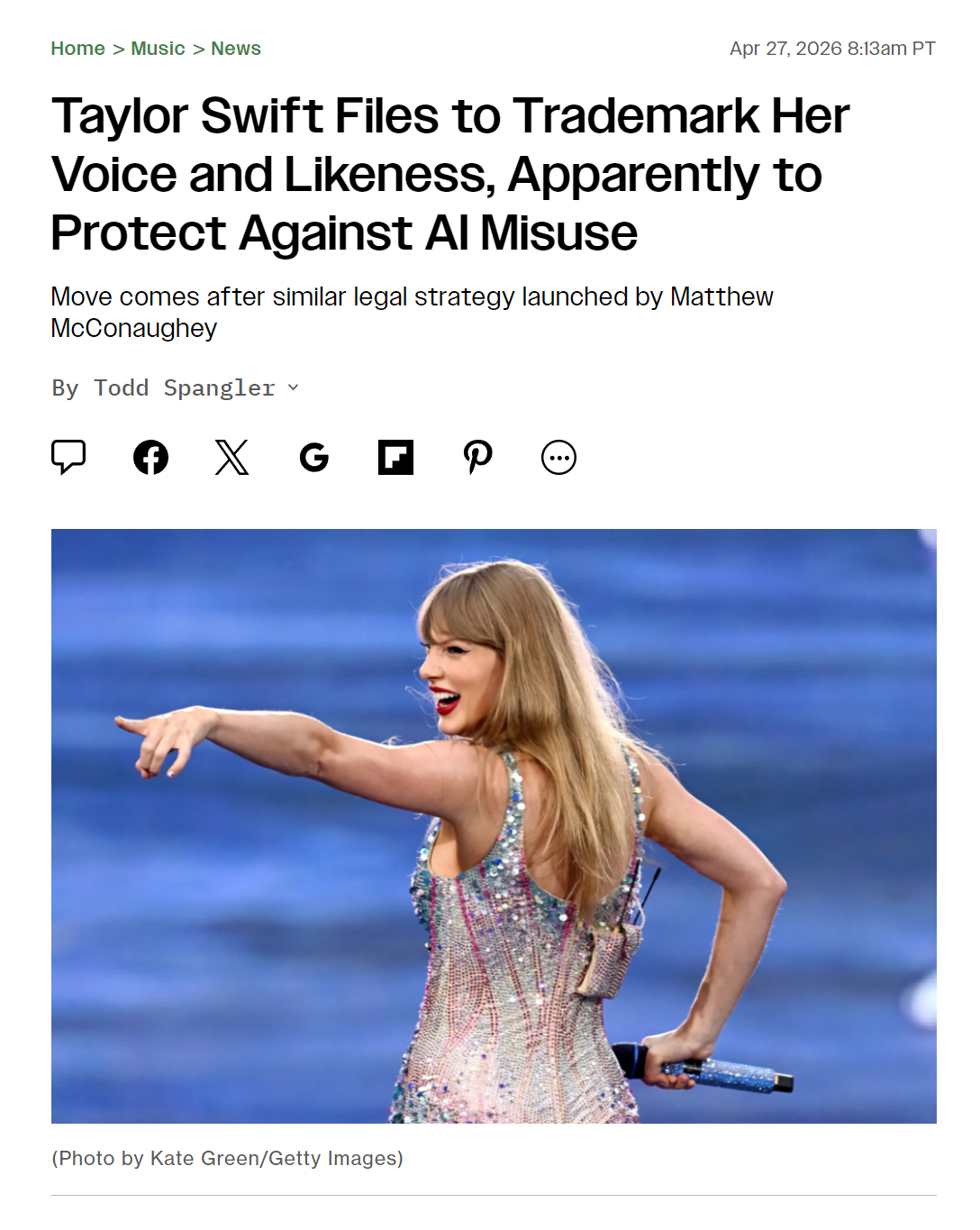 根据Variety报道，Taylor Swift 日前向美国专利商标局提交三项商